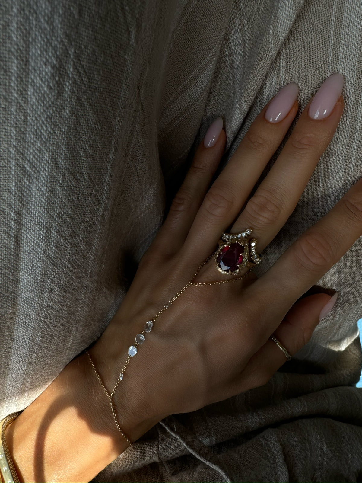 Queen Water Drop Ruby Ring with Sprinkled Diamonds by Logan Hollowell Jewelry