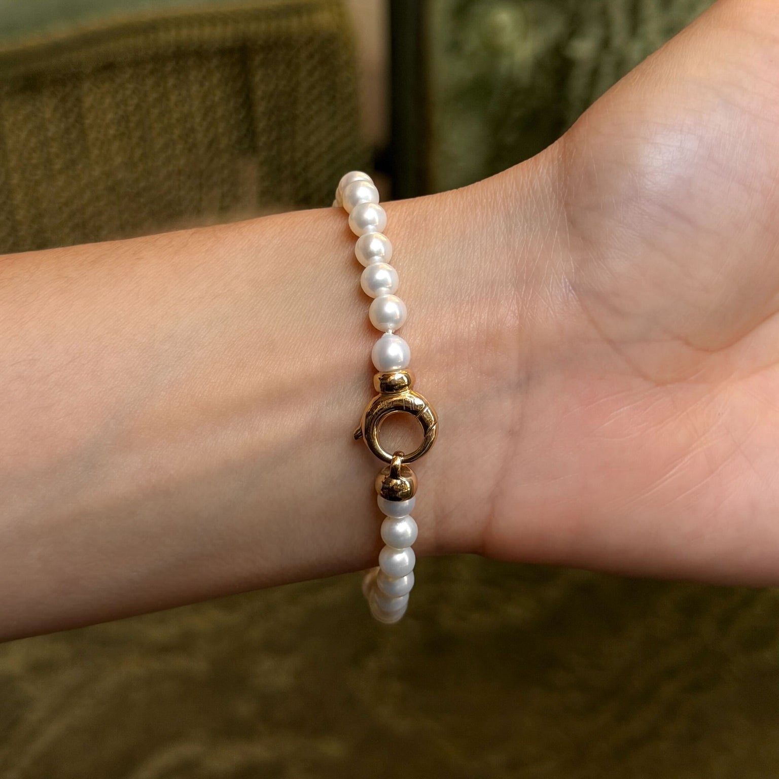 Pearl and Lab Diamond Bezel Bracelet by Logan Hollowell Jewelry
