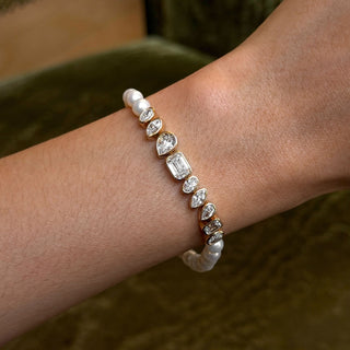 Pearl and Lab Diamond Bezel Bracelet Yellow Gold 6.5" by Logan Hollowell Jewelry