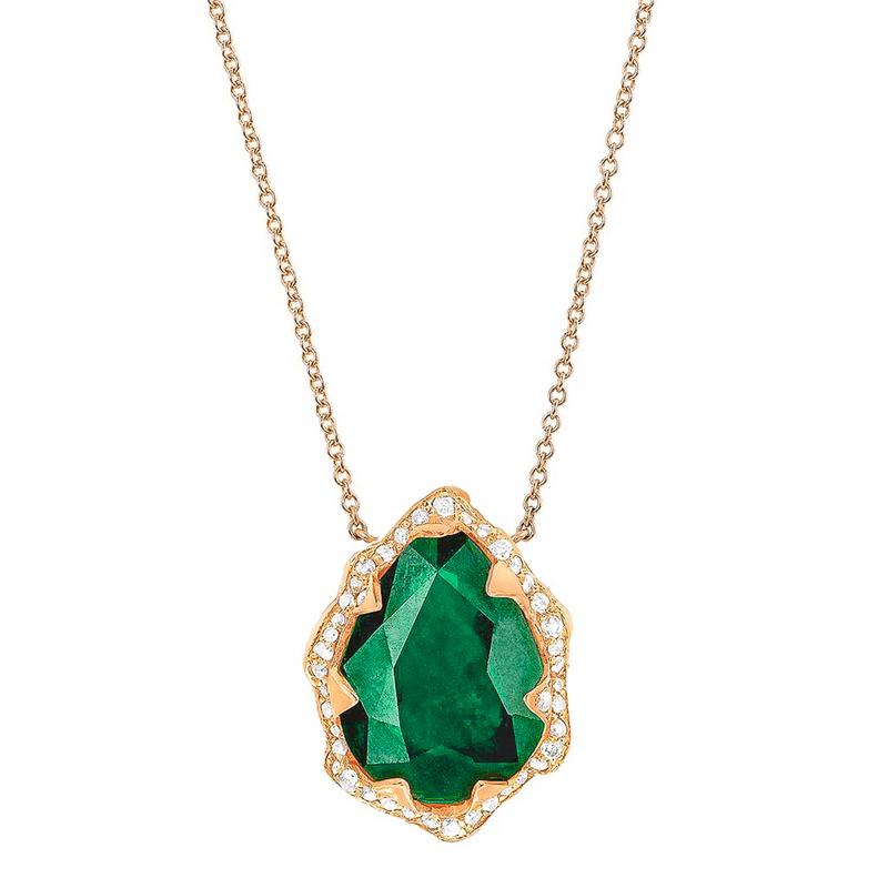 Queen Water Drop Zambian Emerald Necklace with Full Pavé Diamond Halo by Logan Hollowell Jewelry