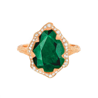 Queen Water Drop Zambian Emerald Ring with Full Pavé Diamond Halo Rose Gold 4  by Logan Hollowell Jewelry