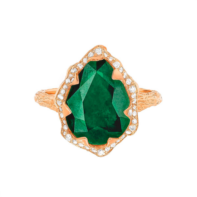 Queen Water Drop Zambian Emerald Ring with Full Pavé Diamond Halo Rose Gold 3 by Logan Hollowell Jewelry