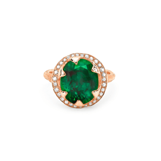Queen Oval Zambian Emerald Ring with Full Pavé Diamond Halo Rose Gold 5  by Logan Hollowell Jewelry