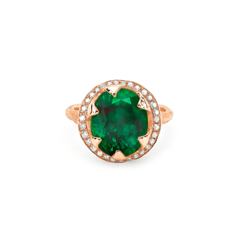 Queen Oval Zambian Emerald Ring with Full Pavé Diamond Halo Rose Gold 3  by Logan Hollowell Jewelry