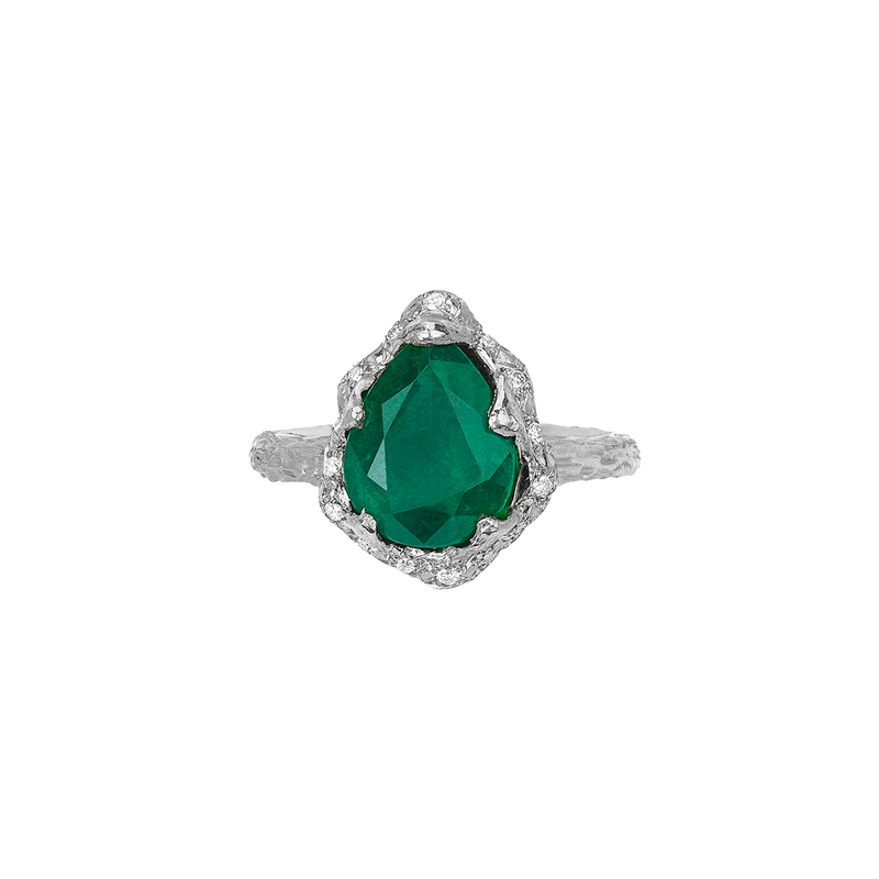 Baby Queen Water Drop Zambian Emerald Ring with Sprinkled Diamonds White Gold 3  by Logan Hollowell Jewelry