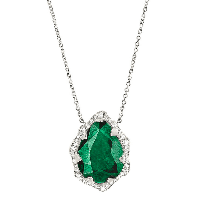 Queen Water Drop Zambian Emerald Necklace with Full Pavé Diamond Halo by Logan Hollowell Jewelry