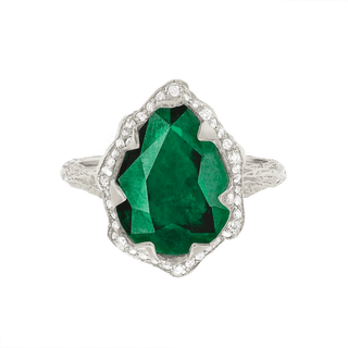 Queen Water Drop Zambian Emerald Ring with Full Pavé Diamond Halo White Gold 4  by Logan Hollowell Jewelry