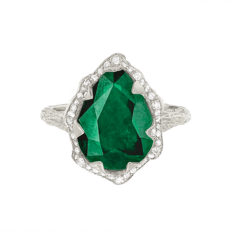 Queen Water Drop Zambian Emerald Ring with Full Pavé Diamond Halo White Gold 3 by Logan Hollowell Jewelry