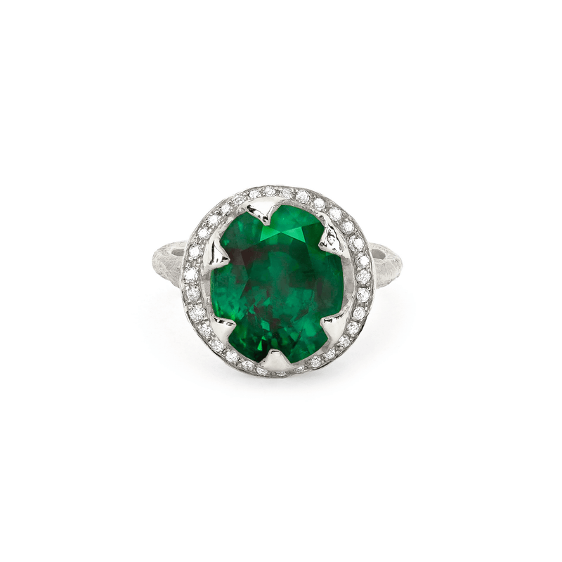 Queen Oval Zambian Emerald Ring with Full Pavé Diamond Halo White Gold 3  by Logan Hollowell Jewelry
