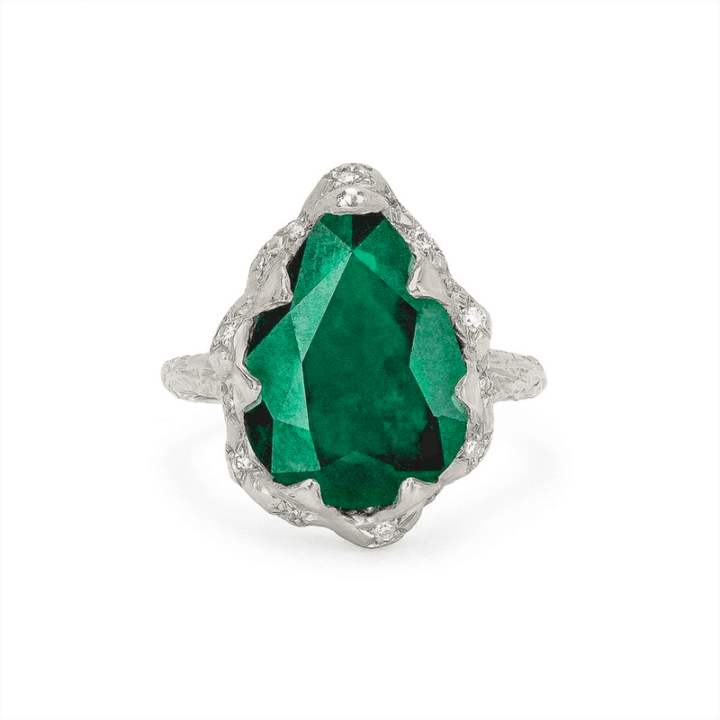 Queen Water Drop Zambian Emerald Ring with Sprinkled Diamonds White Gold 3 by Logan Hollowell Jewelry