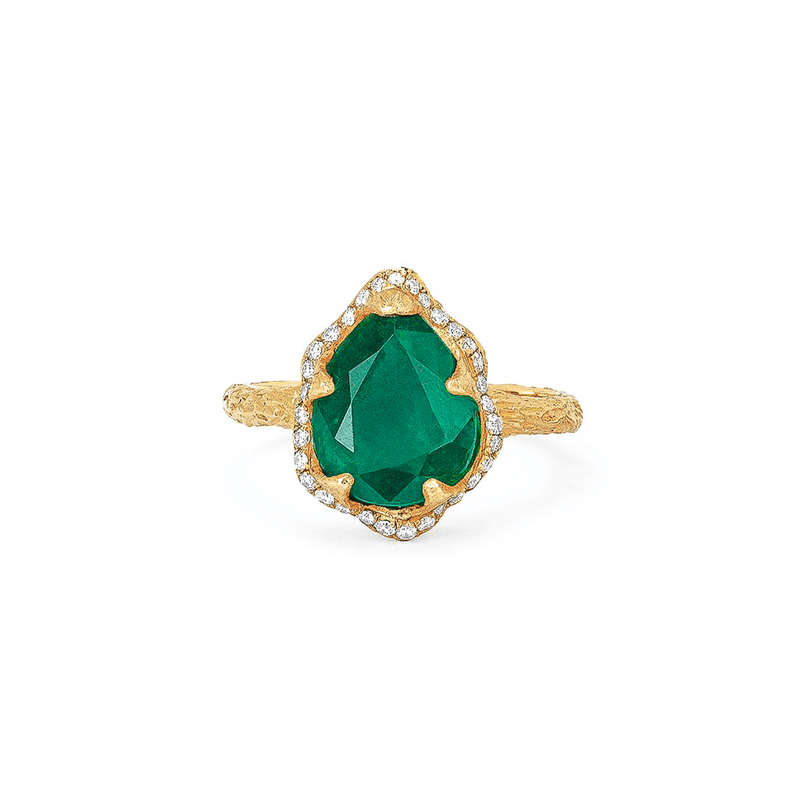 Baby Queen Water Drop Zambian Emerald Ring with Full Pavé Diamond Halo Yellow Gold 3  by Logan Hollowell Jewelry