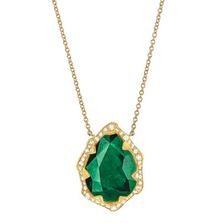 Queen Water Drop Zambian Emerald Necklace with Full Pavé Diamond Halo Yellow Gold   by Logan Hollowell Jewelry