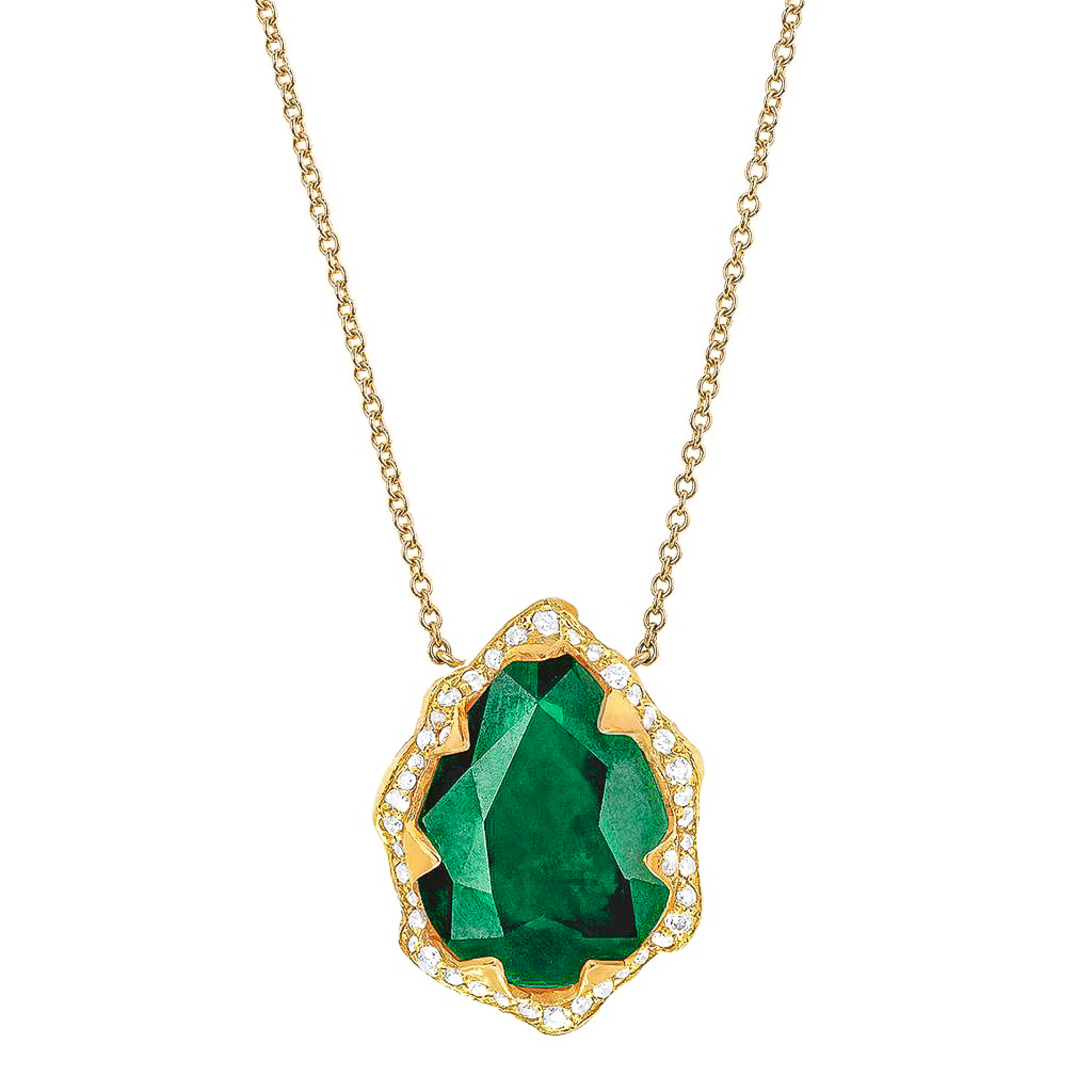 Queen Water Drop Zambian Emerald Necklace with Full Pavé Diamond Halo Yellow Gold by Logan Hollowell Jewelry