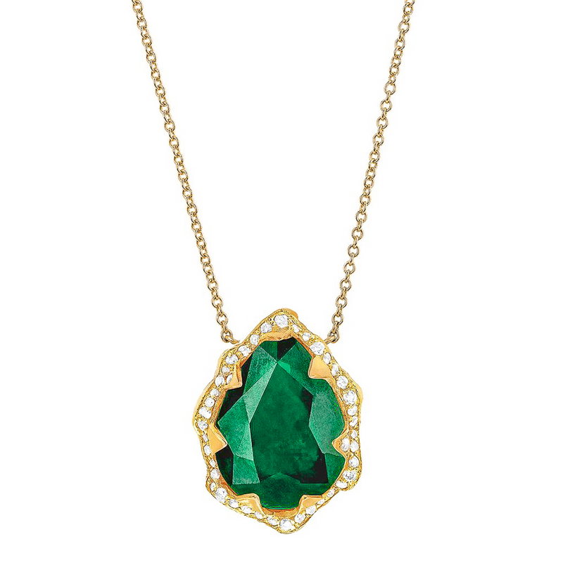 Queen Water Drop Zambian Emerald Necklace with Full Pavé Diamond Halo Yellow Gold by Logan Hollowell Jewelry
