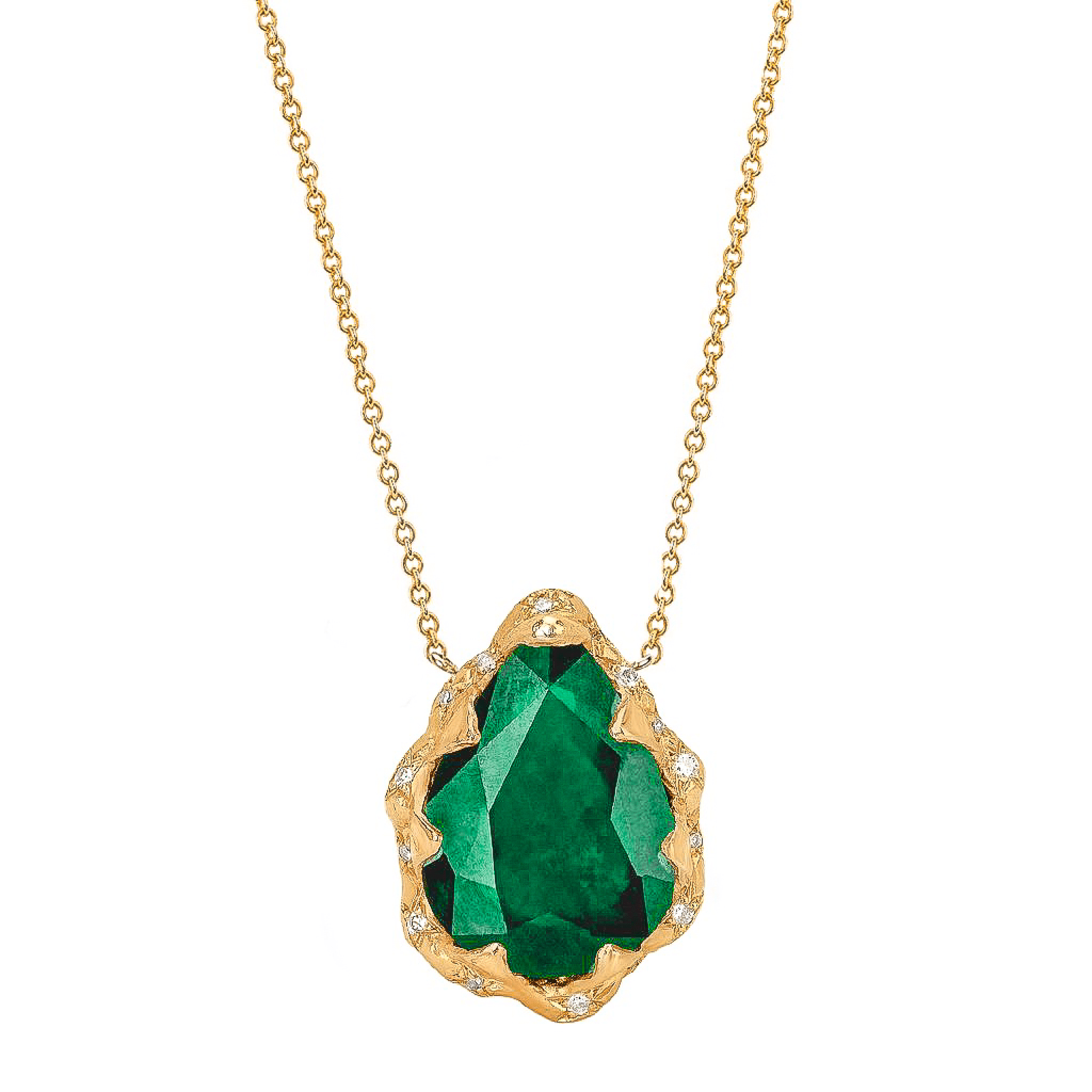 Queen Water Drop Zambian Emerald Necklace with Sprinkled Diamonds Yellow Gold   by Logan Hollowell Jewelry