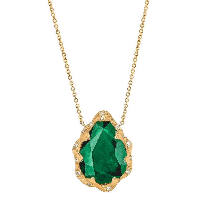 Queen Water Drop Zambian Emerald Necklace with Sprinkled Diamonds Yellow Gold   by Logan Hollowell Jewelry