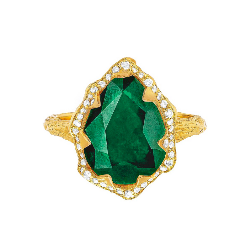 Queen Water Drop Zambian Emerald Ring with Full Pavé Diamond Halo | Ready to Ship Yellow Gold 6.5 by Logan Hollowell Jewelry