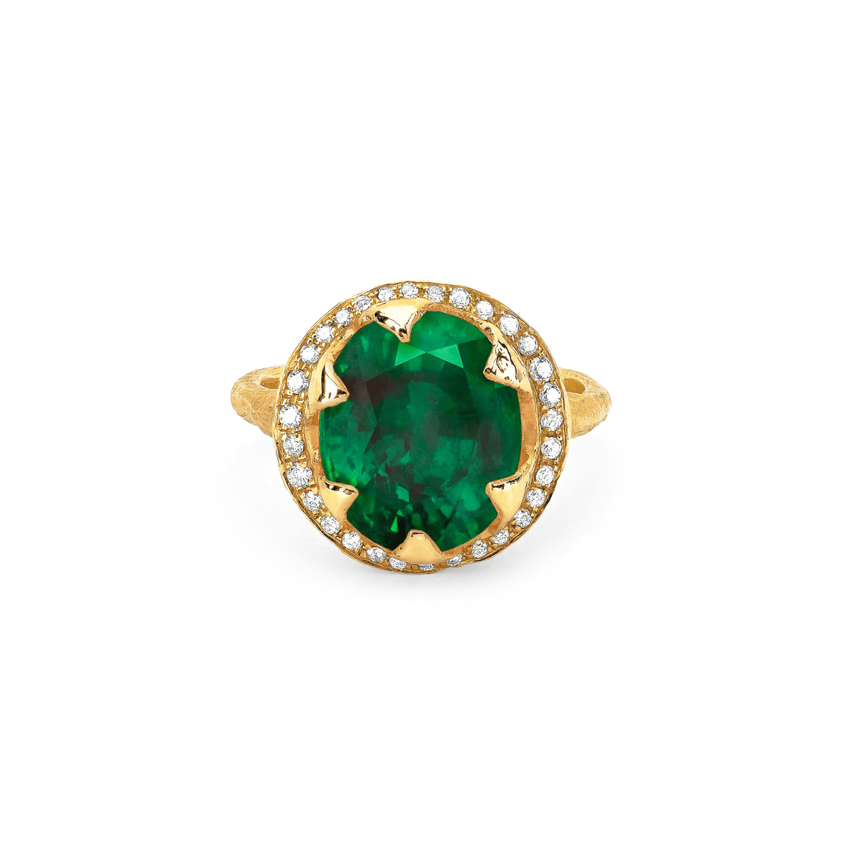 Queen Oval Zambian Emerald Ring with Full Pavé Diamond Halo Yellow Gold 3  by Logan Hollowell Jewelry