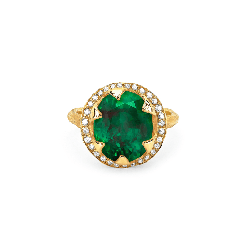 Queen Oval Zambian Emerald Ring with Full Pavé Diamond Halo Yellow Gold 3  by Logan Hollowell Jewelry