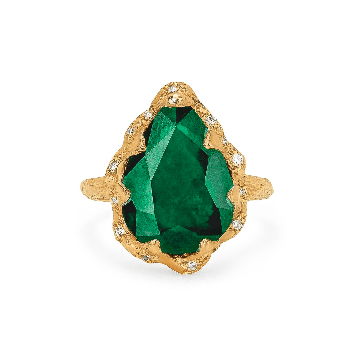 Queen Water Drop Zambian Emerald Ring with Sprinkled Diamonds Yellow Gold 3 by Logan Hollowell Jewelry