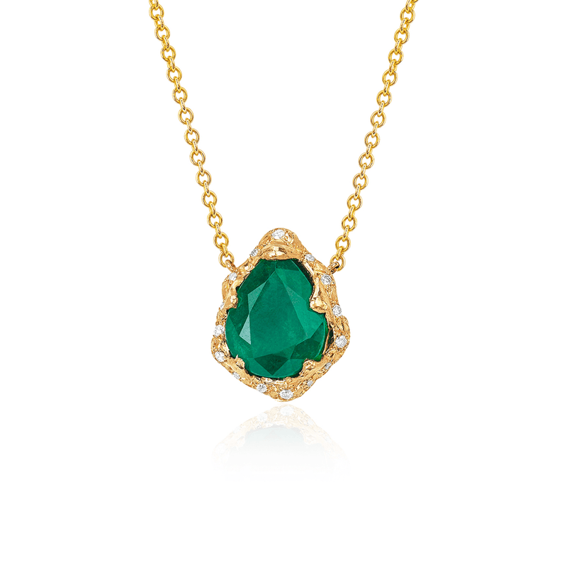 Baby Queen Water Drop Emerald Necklace with Sprinkled Diamonds | Ready to Ship Yellow Gold by Logan Hollowell Jewelry