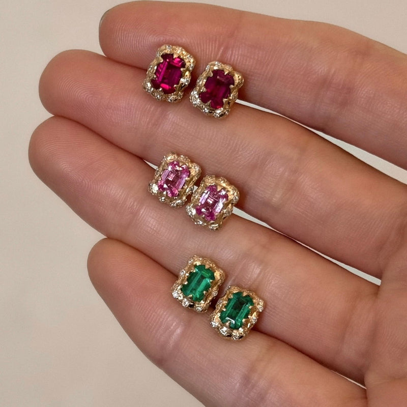 Micro Queen Emerald Cut Pink Sapphire Earrings with Sprinkled Diamonds by Logan Hollowell Jewelry