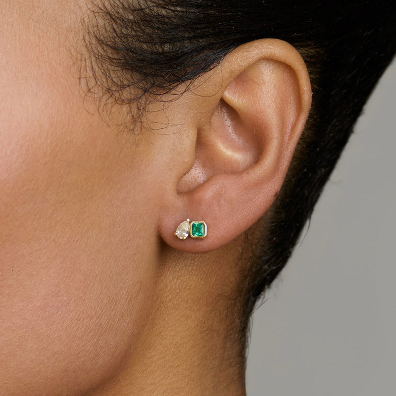 Mini Lovers Duet Emerald & Diamond Studs by Logan Hollowell Jewelry