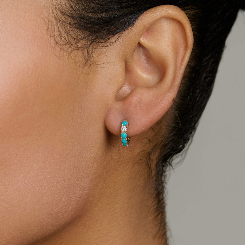 Petite Turquoise Hoops with One Diamond by Logan Hollowell Jewelry
