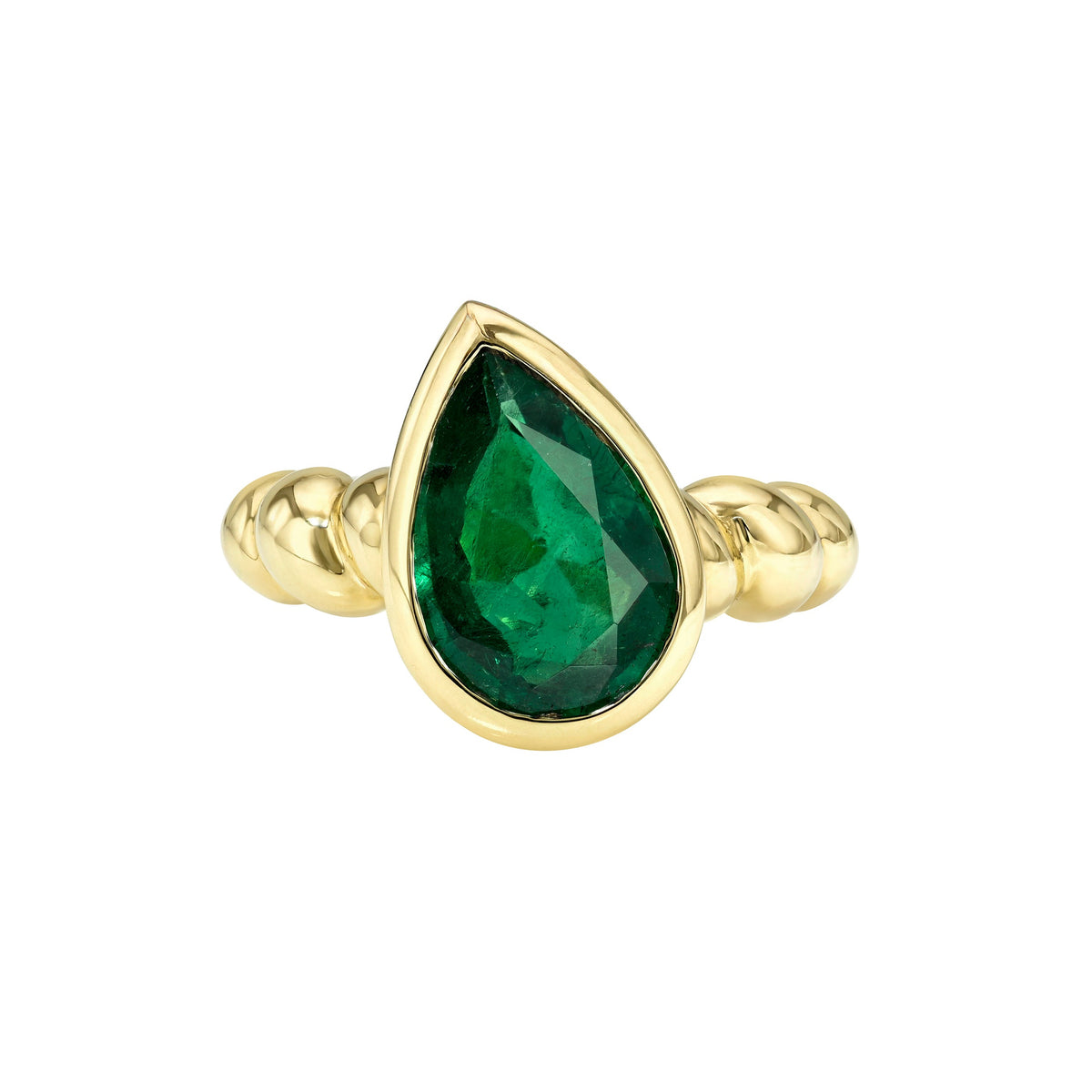 Tilted Water Drop Emerald Nautilus Ring Yellow Gold 5.5 by Logan Hollowell Jewelry