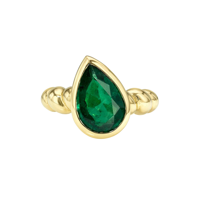 Tilted Water Drop Emerald Nautilus Ring Yellow Gold 5.5 by Logan Hollowell Jewelry