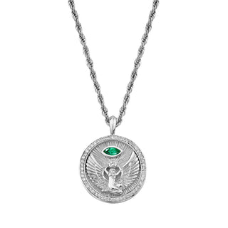 Isis Emerald Pavé Halo Coin Pendant White Gold 16" by Logan Hollowell Jewelry