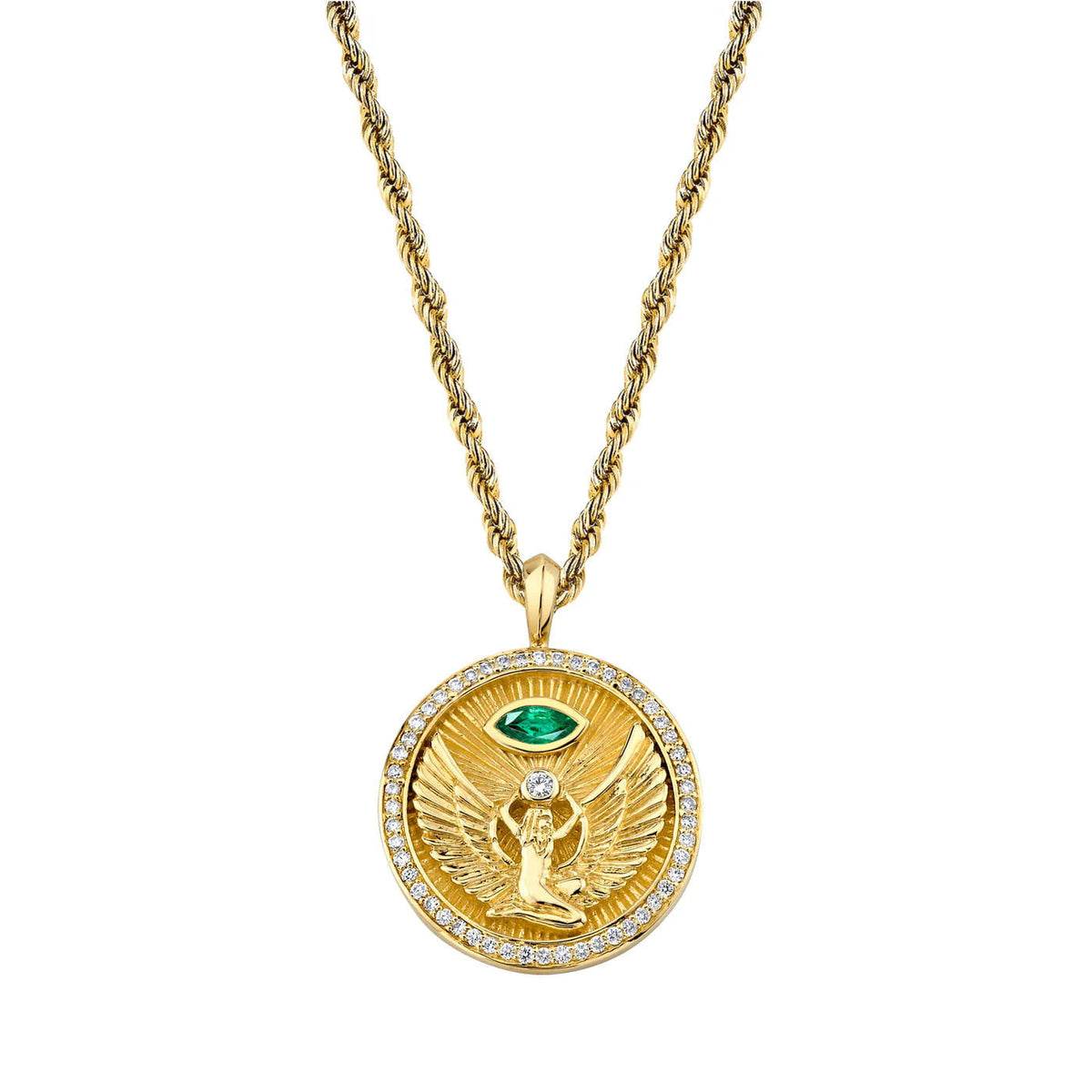 Isis Emerald Pavé Halo Coin Pendant Yellow Gold 16" by Logan Hollowell Jewelry