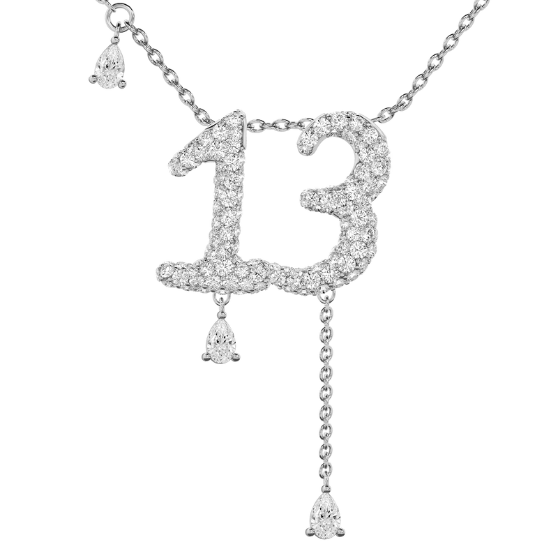 13 Pavé Diamond Numerology Necklace White Gold 20mm by Logan Hollowell Jewelry
