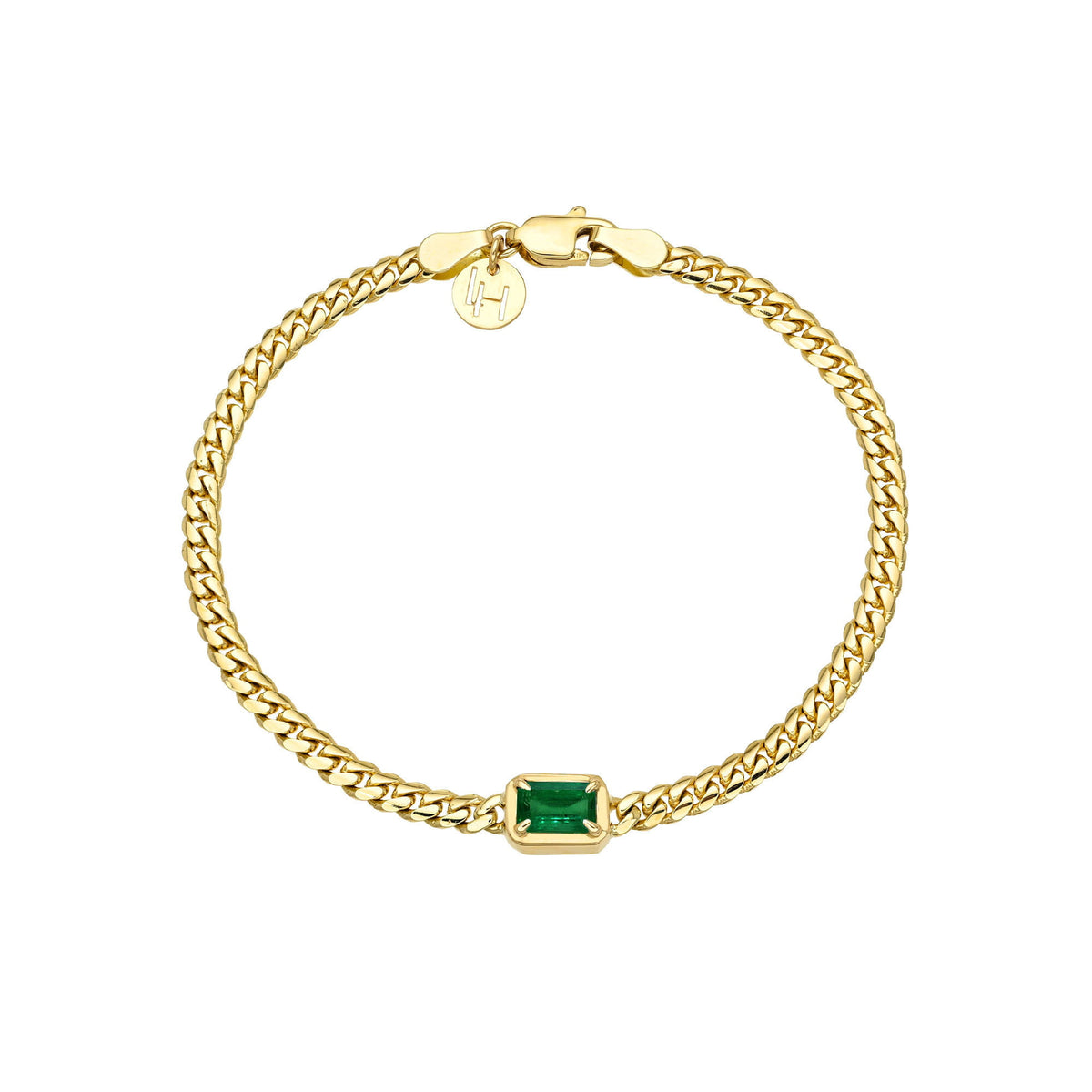 Emerald Cut Emerald Cuban Bracelet Yellow Gold 6.5" by Logan Hollowell Jewelry