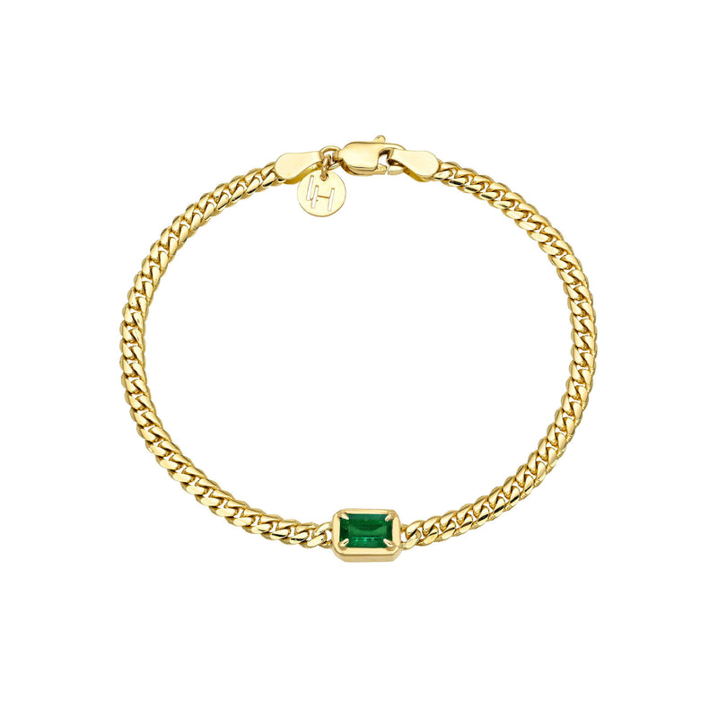 Emerald Cut Emerald Cuban Bracelet Yellow Gold 6.5" by Logan Hollowell Jewelry