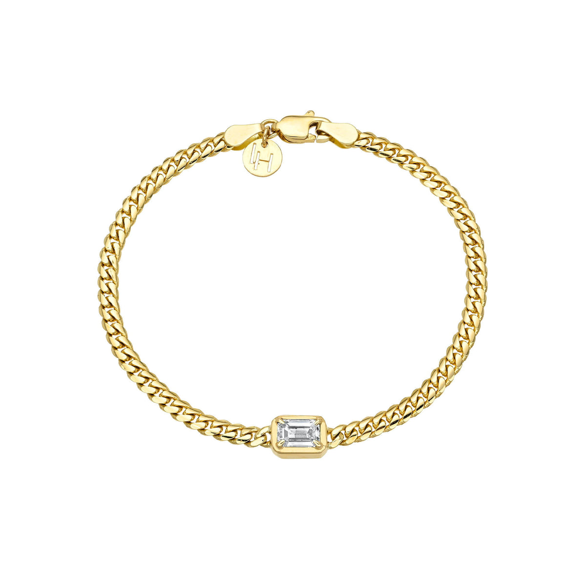 Emerald Cut Diamond Cuban Bracelet Yellow Gold 6.5" by Logan Hollowell Jewelry