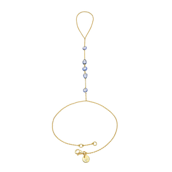 Eau De Rose Cut Iris Blue Sapphire Hand Chain Yellow Gold by Logan Hollowell Jewelry