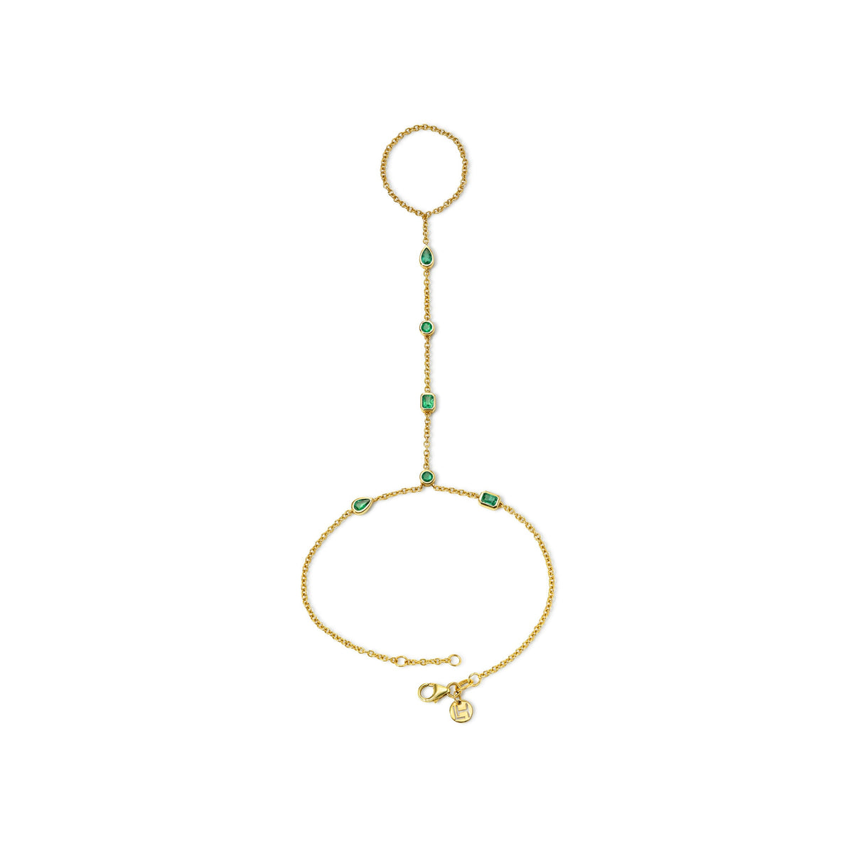 Fancy Diana Emerald Hand Chain Yellow Gold by Logan Hollowell Jewelry