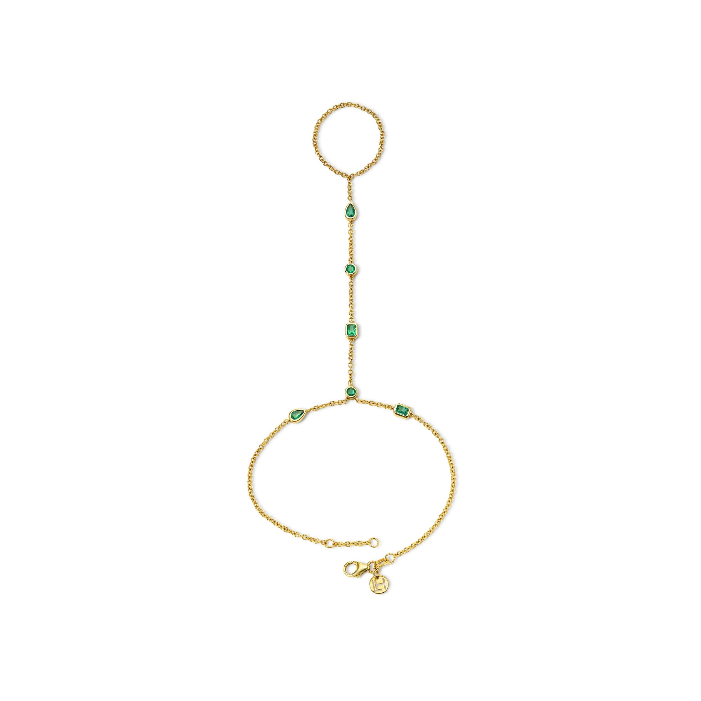 Fancy Diana Emerald Hand Chain Yellow Gold by Logan Hollowell Jewelry