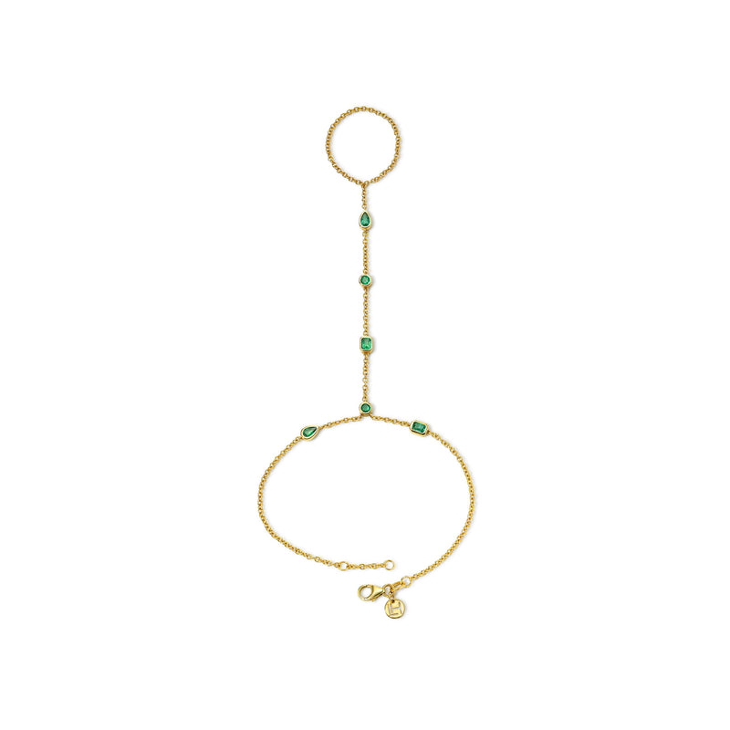 Fancy Diana Emerald Hand Chain Yellow Gold by Logan Hollowell Jewelry
