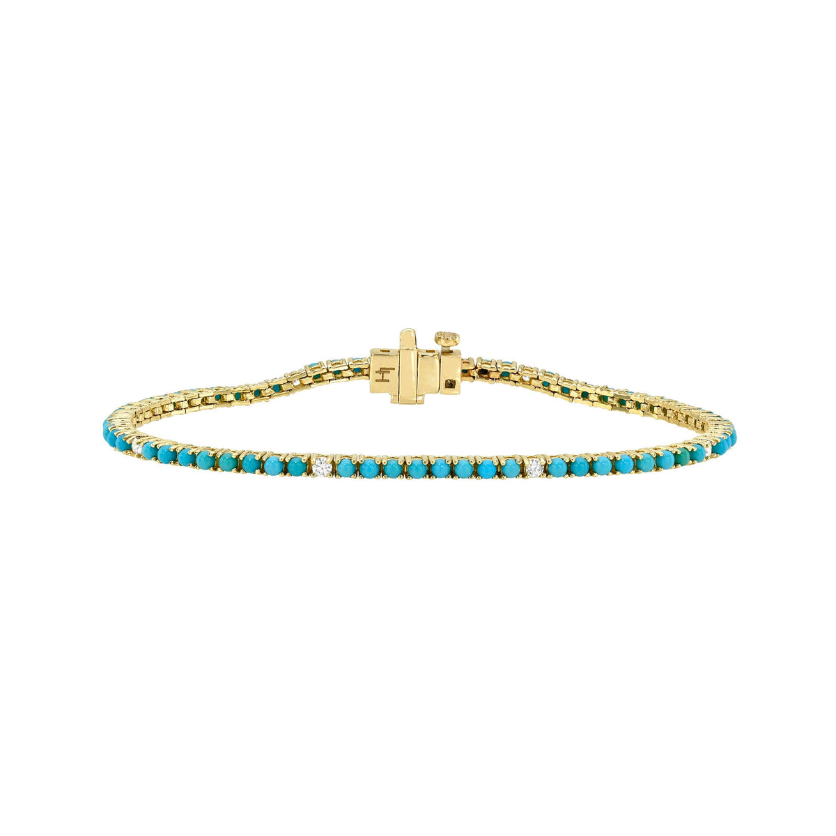 Petite Turquoise and Sprinkled Diamond Bracelet Yellow Gold 6.5" by Logan Hollowell Jewelry