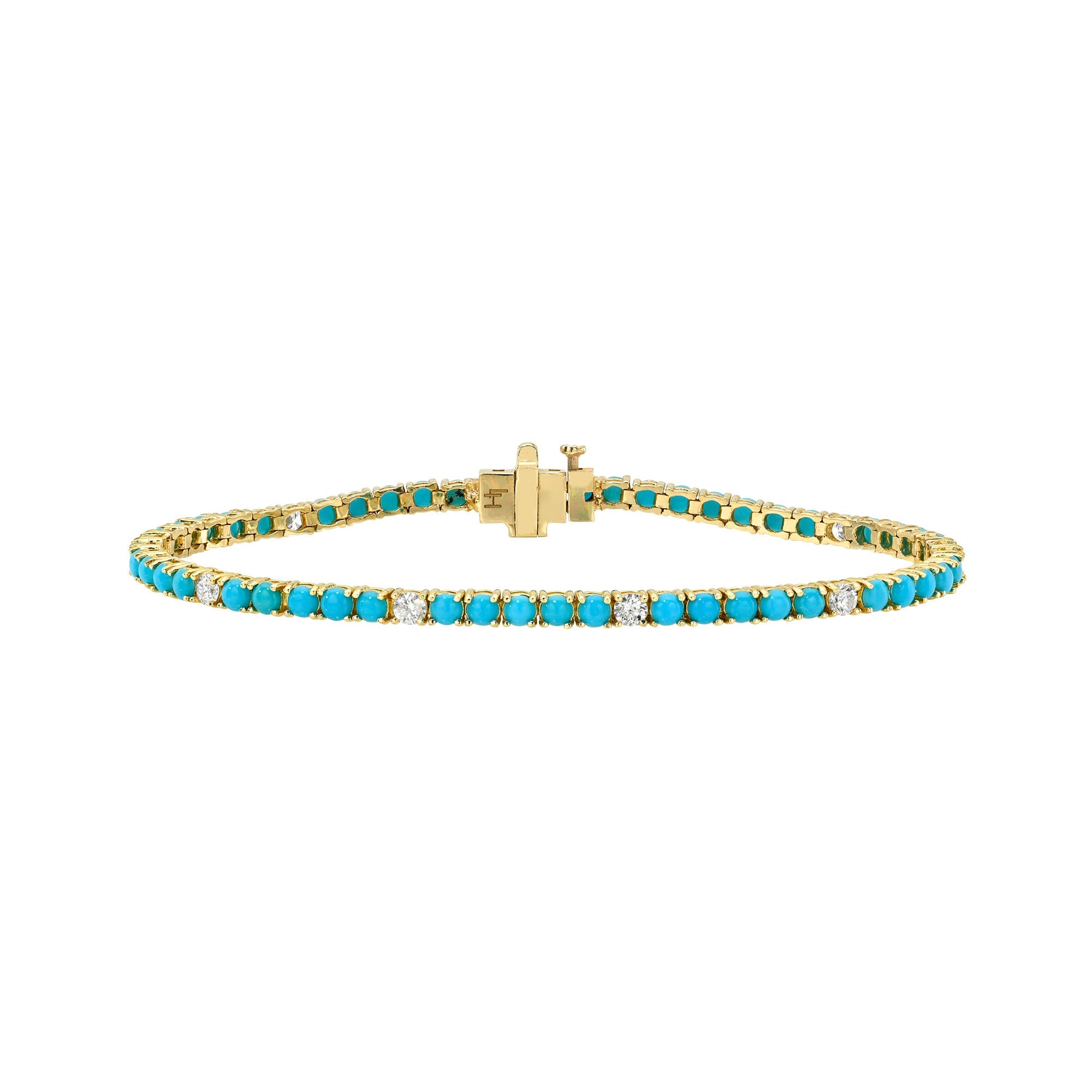 Turquoise and Sprinkled Diamond Bracelet Yellow Gold 6.5" by Logan Hollowell Jewelry