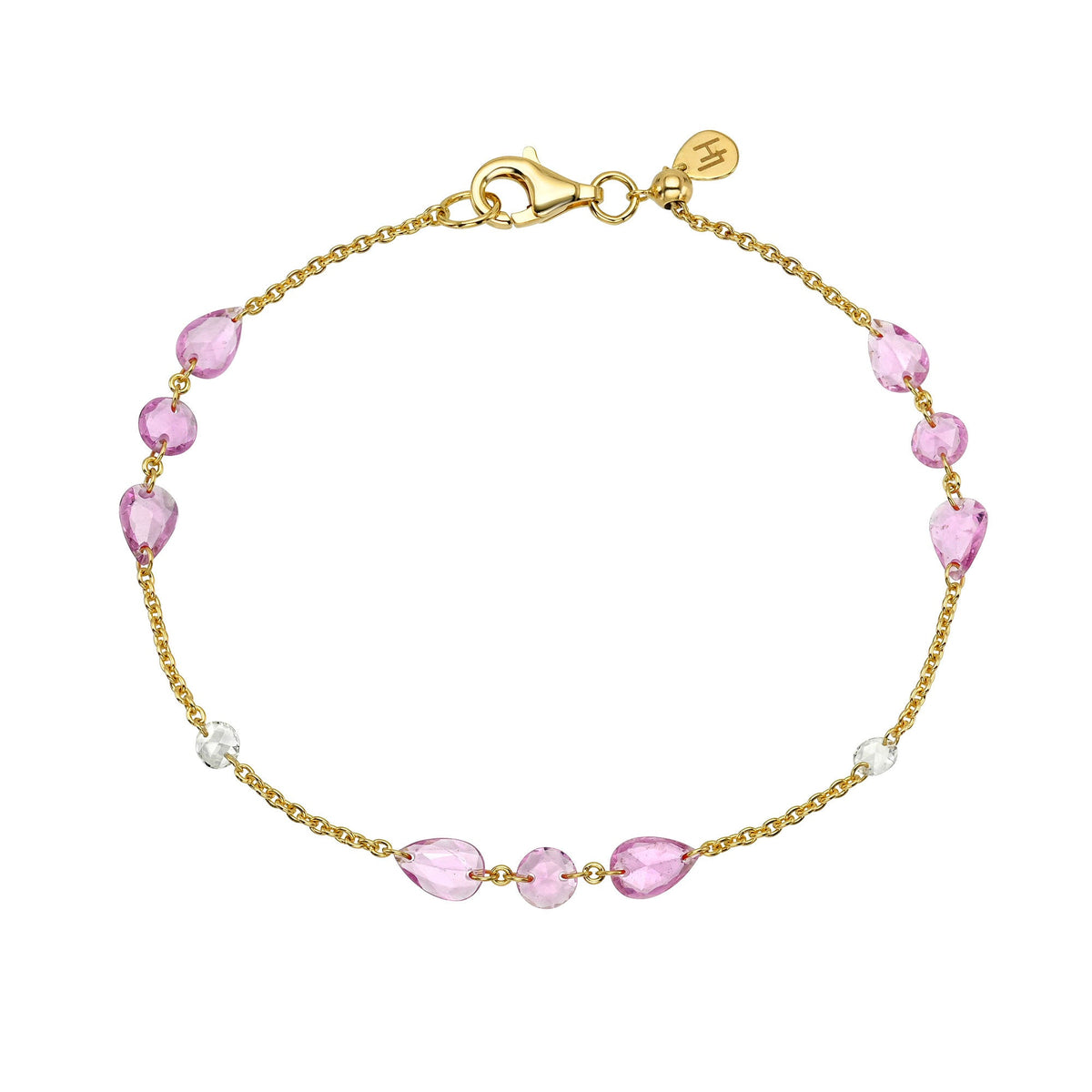 Eau De Rose Cut Iris Pink Sapphire and Diamond Bracelet Yellow Gold 6.5" by Logan Hollowell Jewelry