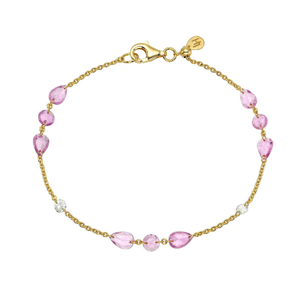Eau De Rose Cut Iris Pink Sapphire and Diamond Bracelet Yellow Gold 6.5" by Logan Hollowell Jewelry