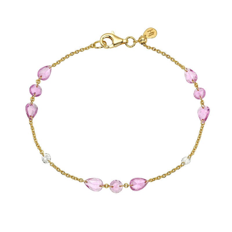 Eau De Rose Cut Iris Pink Sapphire and Diamond Bracelet Yellow Gold 6.5" by Logan Hollowell Jewelry