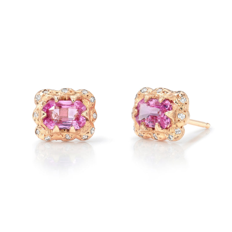 Micro Queen Emerald Cut Pink Sapphire Earrings with Sprinkled Diamonds Rose Gold by Logan Hollowell Jewelry