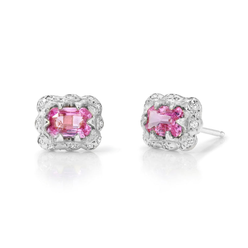 Micro Queen Emerald Cut Pink Sapphire Earrings with Sprinkled Diamonds White Gold by Logan Hollowell Jewelry