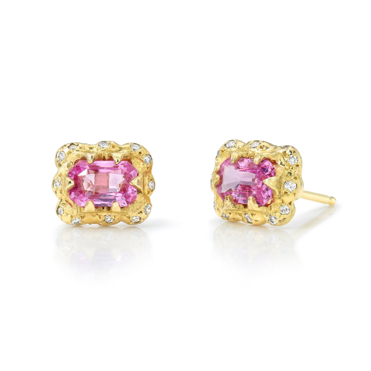 Micro Queen Emerald Cut Pink Sapphire Earrings with Sprinkled Diamonds | Ready to Ship Yellow Gold by Logan Hollowell Jewelry