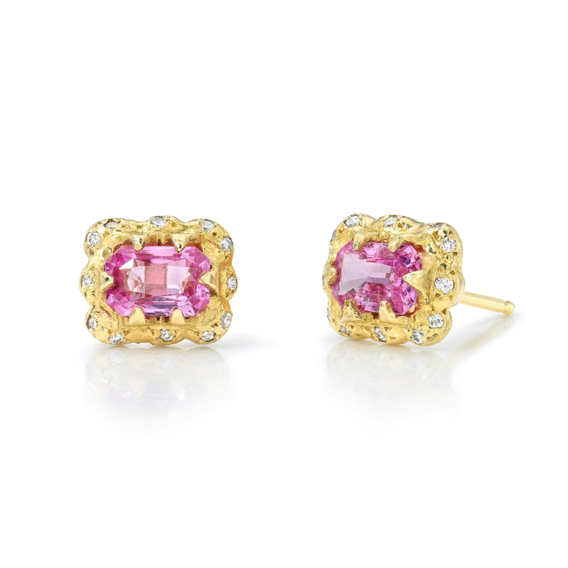 Micro Queen Emerald Cut Pink Sapphire Earrings with Sprinkled Diamonds | Ready to Ship Yellow Gold by Logan Hollowell Jewelry