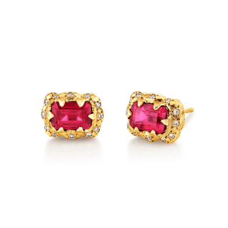 Micro Queen Emerald Cut Ruby Earrings with Sprinkled Diamonds Yellow Gold   by Logan Hollowell Jewelry
